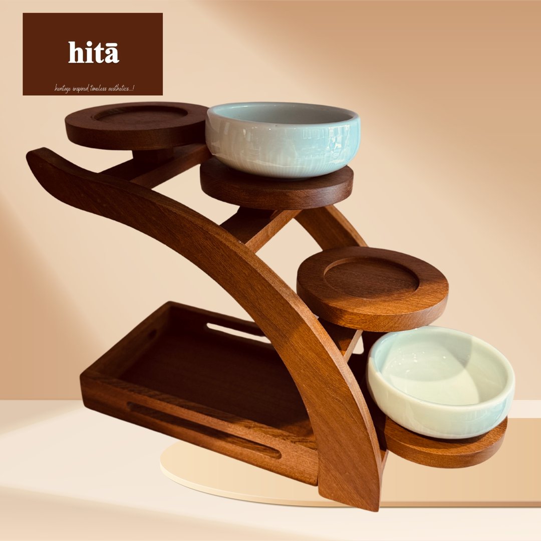 STEP UP WOODEN SNACK STAND WITH CERAMIC BOWL