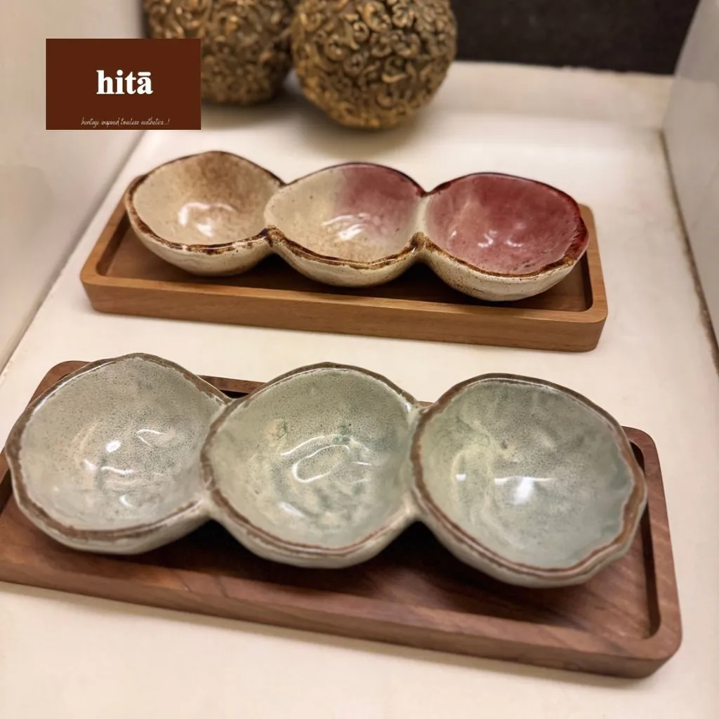 Trio Dip Bowls with Teakwood Tray( Earthy Green) 